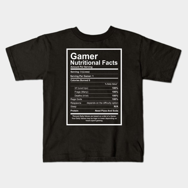 Gamer Nutritional Facts Kids T-Shirt by Issho Ni